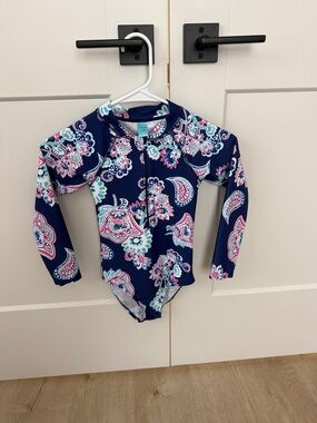 Girls' Navy Paisley Long-Sleeve One-Piece Swimsuit